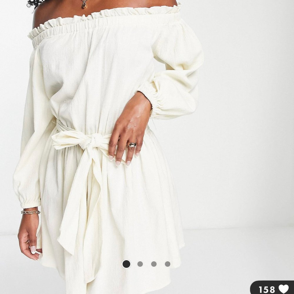 ASOS DESIGN off shoulder super crinkle beach mini dress in natural US 8